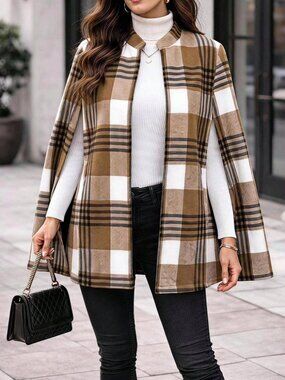 Tan Plaid Cape Coat with Stand Collar